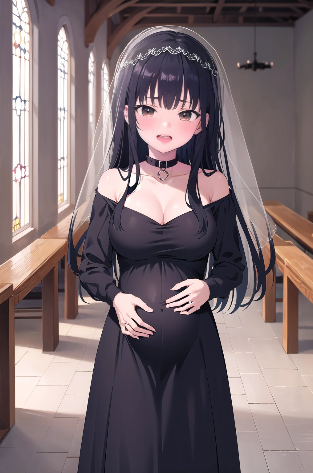 masterpiece, best quality, highres, aaanna, long hair, brown eyes, collarbone, in church , Wearing a black dress, wedding veil, bridal veil, standing, cowboy shot,  excited, outdoors,Wearing a dog collar, Naughty tattoo on the belly, pregnancy