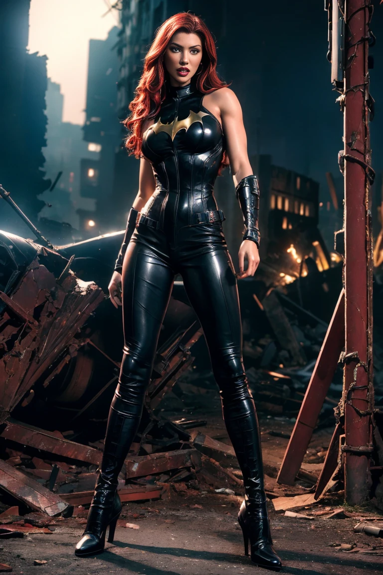 full body superheroine 14 years old  Batgirl red long wavy hair green eyes red mouth tall muscular body big round breasts broad shoulders black metallic shiny tight leather pants, black metallic shiny short plunging sleeveless tops blue boots dress hero pose even a terrifying night in a ruined Gothan dark city, a semi-dark plume of light octane render photorealistic 