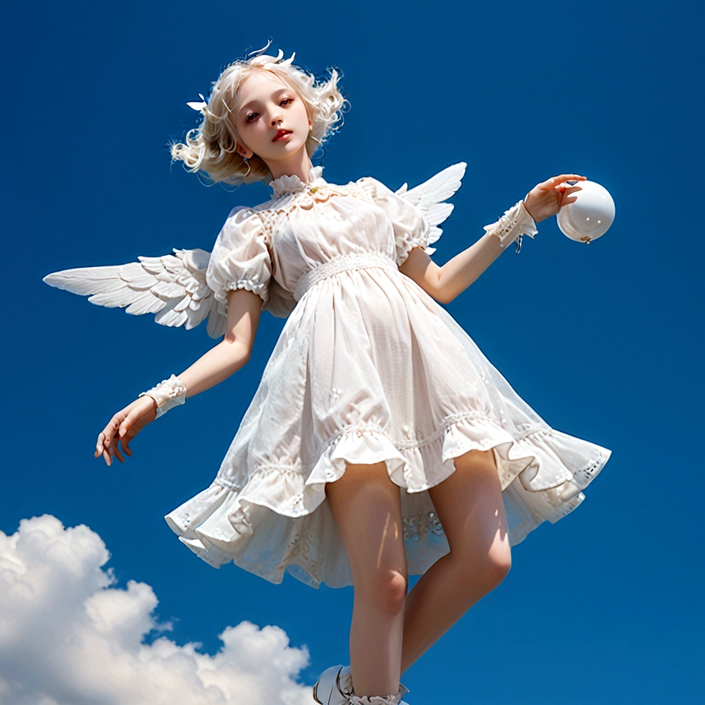 woman (((floating))) in the Blue sky, (((full body))), BJD, (((doll joints))), Shiny white porcelain body, pure white porcelain hard skin, wings on the back, white boots, white short hair, white long dress, European features, The ball-jointed doll is modeled after a 18-year-old woman, Large eyes, thin and haggard face, beautiful detailed face, face without makeup, slender limbs, wide angle lens, A fantastic and aesthetic image, from below, beautiful artwork, High-definition, 4k, 8k, 