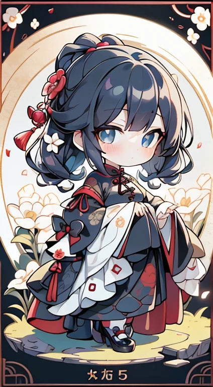 In the garden full of flowers, Under the sunlight, Girls in floral dresses dancing 1 Girl, woman, good looking, ink, Chinese Armor, ((2.5D)), Black Hair, Floating Hair, delicateな目, Antique black and red damask patterned Hanfu, Fob, (F1.8), (masterpiece), (Portrait Shot), Front shot, White Background, (Movie Posters),high quality、超delicate、Beautiful eyes, big eyes、delicate、Best dress waiting to start,Super Beauty、Baby
