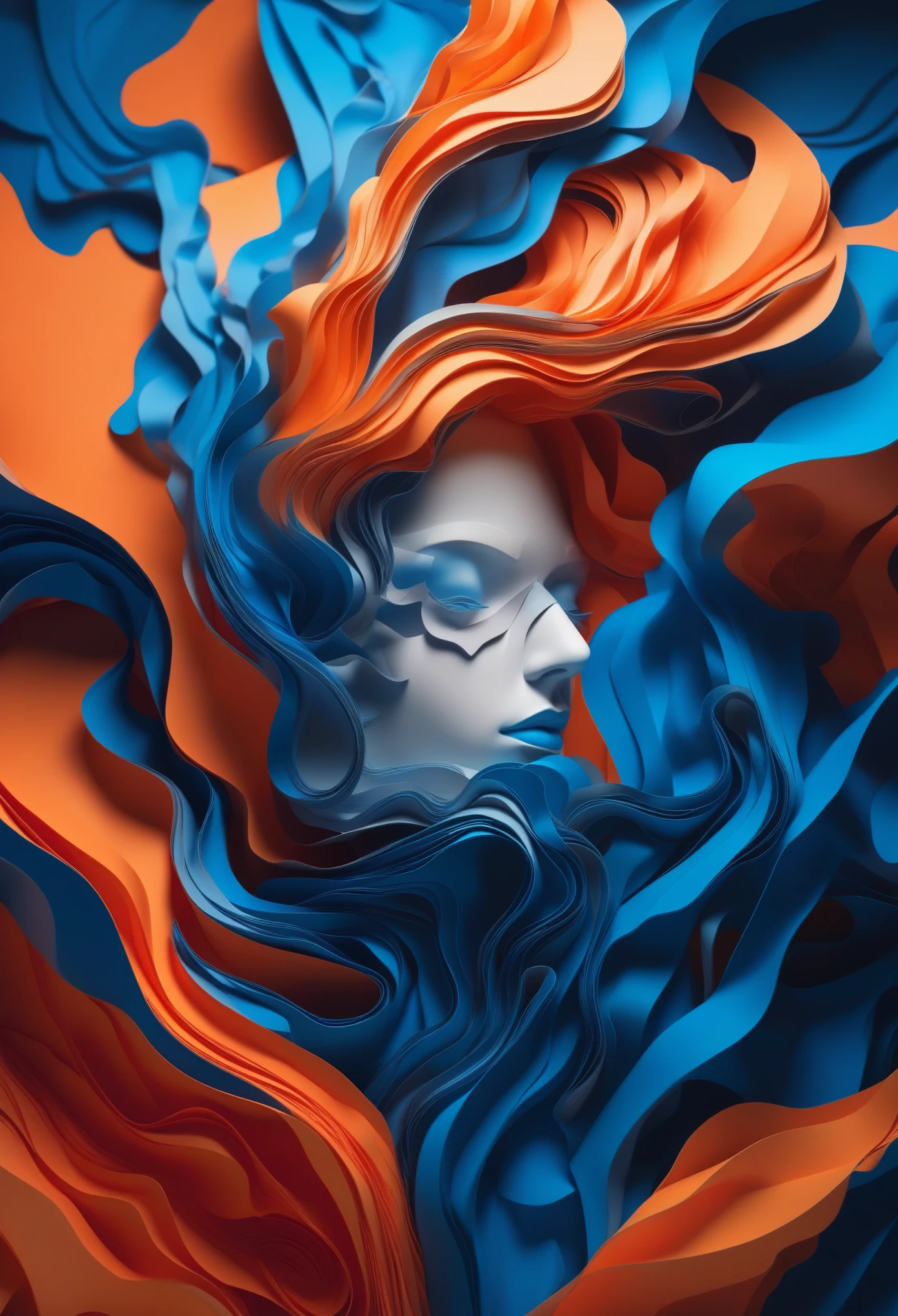 Surreal pictures, visually striking photo art, strange, slightly unsettling, hyper-detailed, 8k, A stunning digital illustration of a person with an elaborate, sculptural hairstyle composed of flowing, layered paper-like elements in shades of blue and gray against a vibrant orange background, in the style of Noe Digital Art.