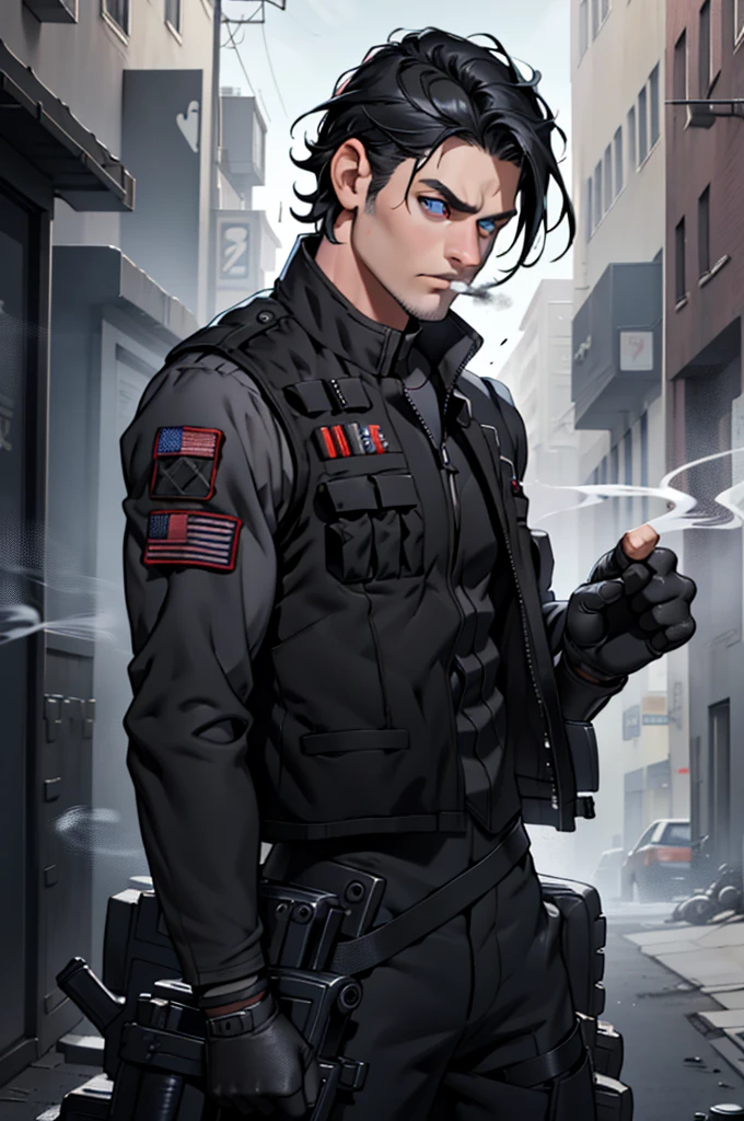 smoke, Asdev, black jacket, black shirt, vest, trousers, black trousers, fingerless gloves, blue eyes, black hair, ****ung rifle, battlefield, pistol, Aiming, bullet hole, peel, smoke, intense