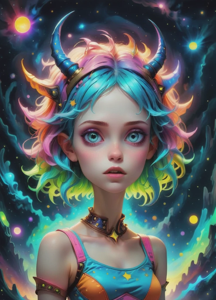 psychedelic style Ombre color scheme of neon orange, neon pink, neon blue, neon yellow, neon green, drc_style, Vibrant Rim Light, Volumetric Lighting, Anthropomorphic cute monster Luminous alien girl, (wearing crop top shirt:1.1), Details And Colors, The Universe Over Various Stars And Galaxies, Psychedelic, By Alexander Jansson Van Gogh. Pop Surrealism, 8k, Whimsical, Intricate. By Jean Baptiste Monge, Carne Griffiths, Ray Caesar, Dariusz Klimczak, surreal hallucinatory intricately detailed sharp focus. vibrant colors, swirling patterns, abstract forms, surreal, trippy