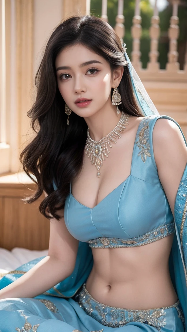 (best quality, ultra-detailed, realistic:1.37), professional, beautiful detailed eyes, beautiful detailed lips, detailed facial features, natural skin tones, perfect skin texture, delicate facial expressions, image in high resolution, realistic face, realistic skin, plain face, natural smile, highly detailed hair, 20 years, (Kiran, beautiful Indian young woman), radiates cyan bridal glamour in an exquisite Lehenga Choli adorned with intricate embroidery and ornate jewelry. The high-resolution image captures ultra-detailed realism, highlighting Kiran's captivating eyes, sitting, expressive lips, and graceful facial features, enhancing her bridal beauty. The soft lighting and floral decorations create a visually stunning representation of traditional Indian weddings and the joyous celebration of love, Beautiful background. Heavily pregnant huge pregnant belly