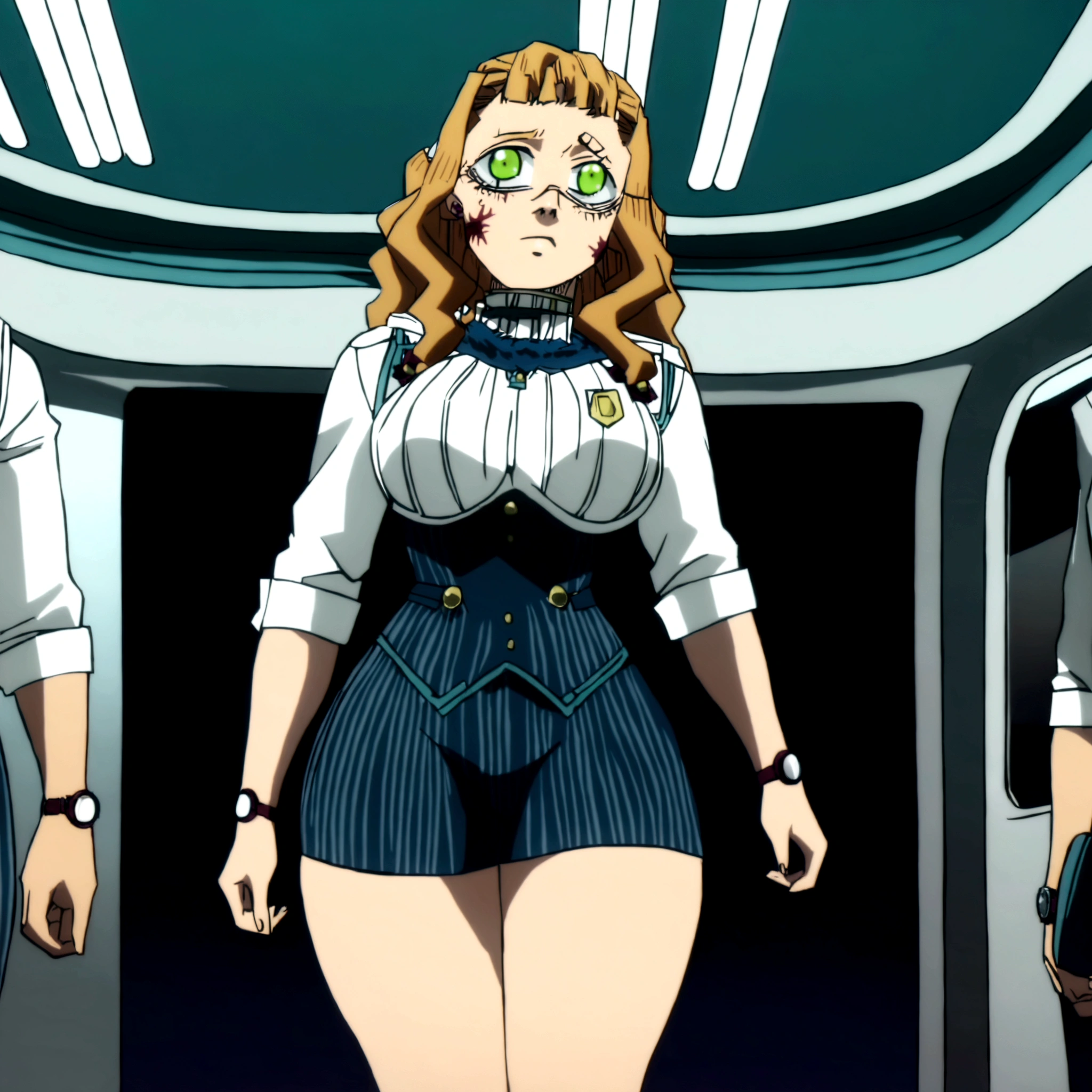 mimosa Vermillion, by Rubio, an irritated expression on his face.., Yellow hair, big and somewhat angry eyes, green eyes, small nose, big breasts, Skinny body, small waist, thick thighs, Un chaleco de blue striped suit, A white dress shirt with the sleeves rolled up to the elbows., Matching pants with vest, blue striped suit, black dress shoes, watch on the right wrist, tattoos on forearms, wound, walking epically, alone, tight clothes, side view, View from below, in the hallway of a train, in a train station,