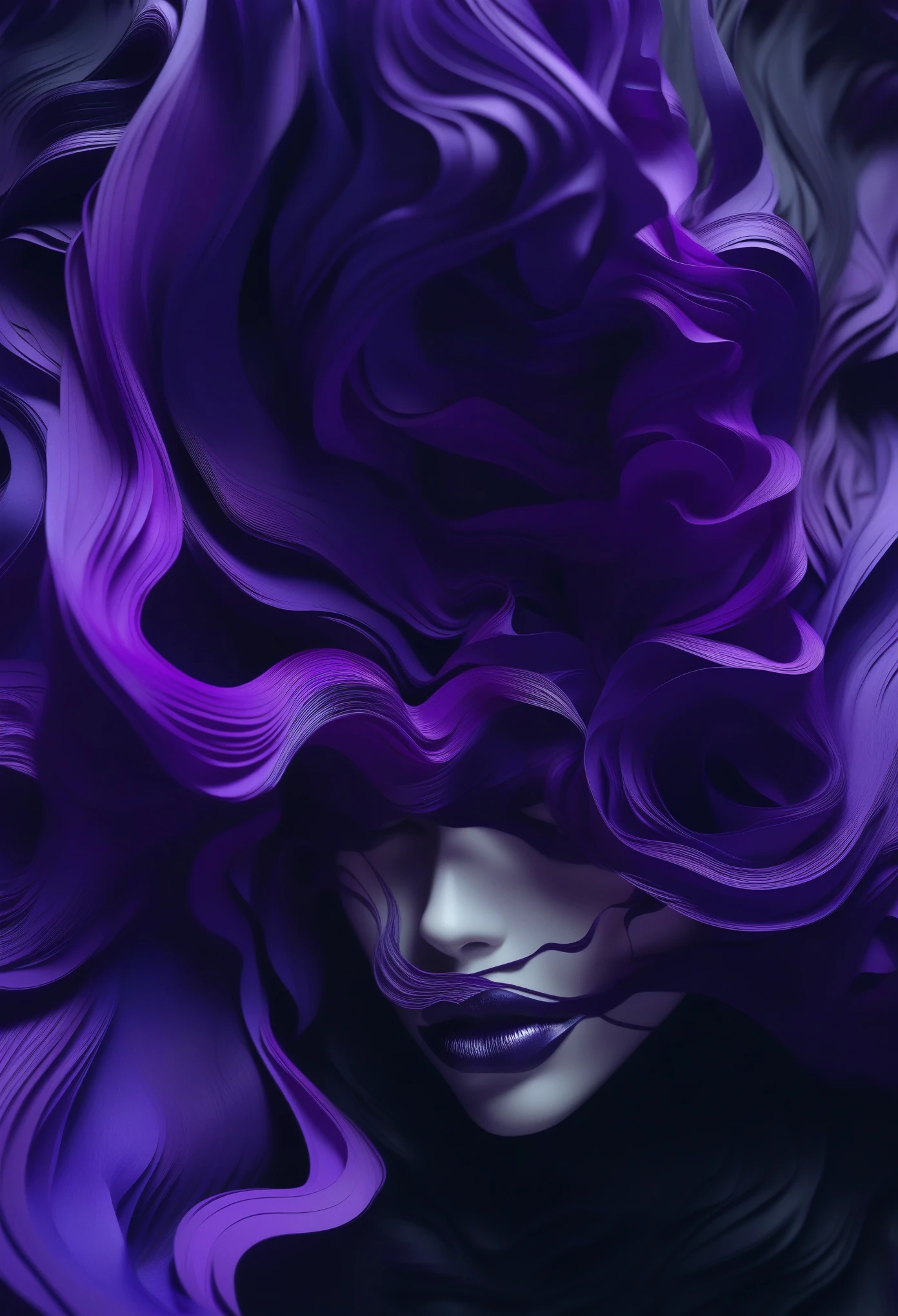Surreal pictures, visually striking photo art, strange, slightly unsettling, hyper-detailed, 8k, A stunning digital illustration of a person with an elaborate, sculptural hairstyle composed of flowing, layered paper-like elements in shades of Purple and silver against a vibrant black background, in the style of Noe Digital Art.