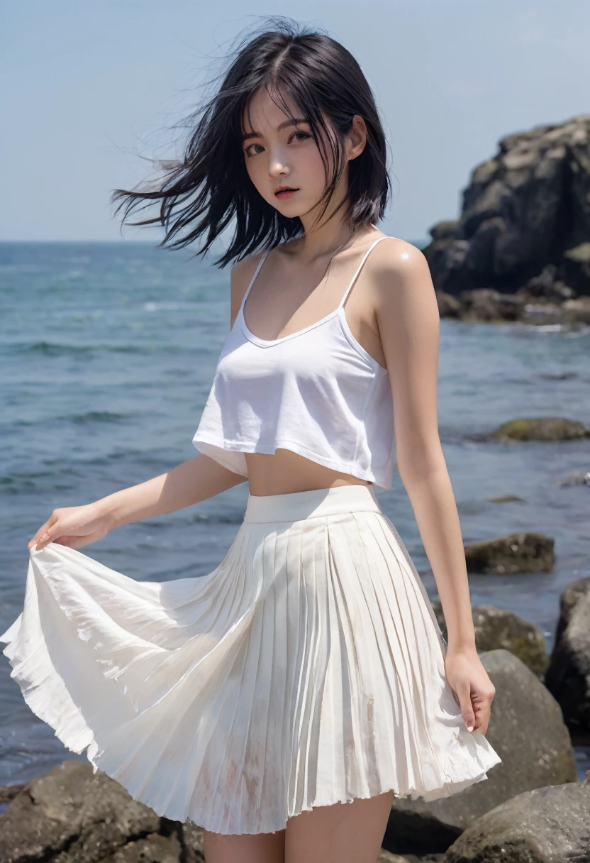 (Highest quality, 4K. photograph, Are you okay:1.4), (Half nakedのひどく汚れた1人の日本人の女の子:1.3), 18-year-old, Drifting Girl, Girl in distress, very cute, Seaside, shabby black hair, In a rag, A dirty and tattered white pleated skirt, so beautiful:1.2, I can see her thighs, Covered in scars, Half naked, A ripped and tattered white camisole, cover one&#39;One on the chest&#39;arm, Embarrassed and crying, No sleeve, 裂けてI can see her thighs白いプリーツスカート:1.2, Beggar-like appearance, Muddyの靴, Walking while crying, Uninhabited island, Washed up on the shore, Feeling embarrassed, belly button, the whole body is dirty, A badly torn white camisole, Like a wild animal , White shoes, Muddy, Tattered clothes, A badly torn white pleated skirt, barefoot