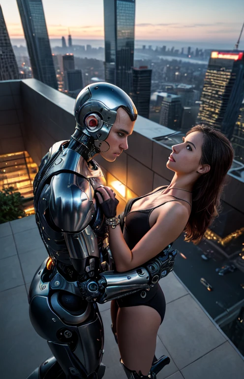 Sexual relationship between a male cyborg and a female cyborg on the roof of a skyscraper, high quality, best quality, absurdres, masterpiece, beautiful, intricate details, 1/2 body crop, slim body, beautiful figure, magnificent anatomy, (intricate details:1.12), HDR, (intricate details, hyper-detailing:1.15), (natural skin textures, hyper realisitc, soft light, Sharp:1.2)