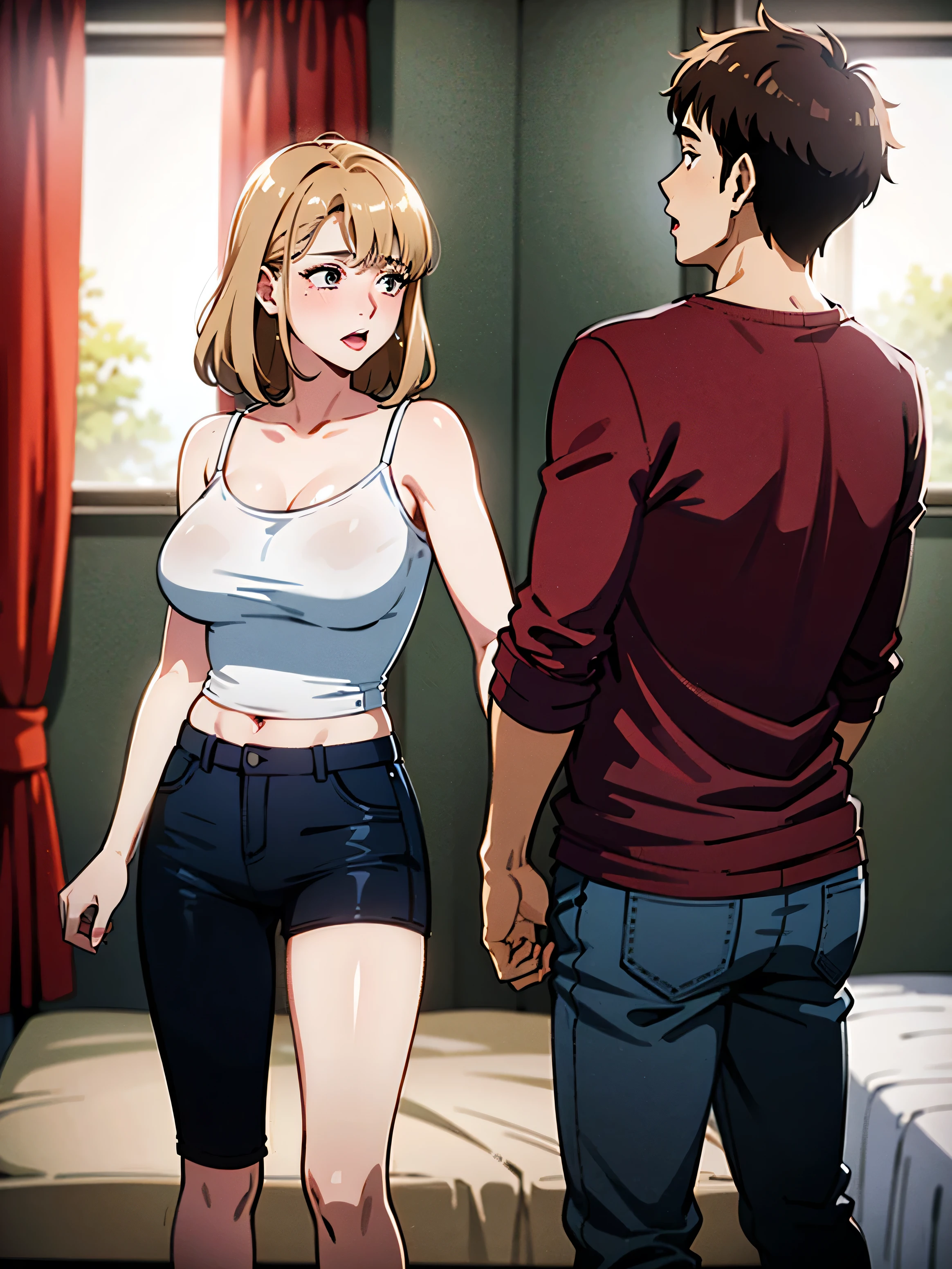 (1 son), (1 Mom), (Duet), A mother seduces her son, European 40 year old milfs and their  son with blonde and brown hair, best quality:1.4), (Ultra-high resolution:1.2), (8K, RAW photos:1.2), Laurena Lexis, (1 Mom, 1 son), Moms showing off their curves, bend down, Wearing sexy clothes and shorts,, Clear eyes, A mother and her middle scho(French Kiss))year-old son，