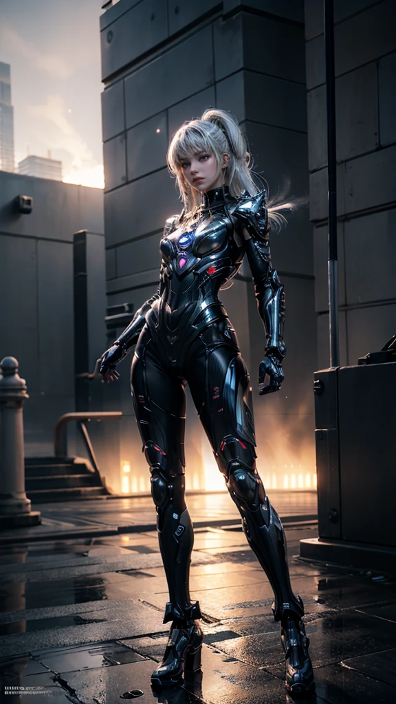 1girl, ultra realistic, ultra crisp, NVIDIA RTX, unreal engine, perfect slim body, realistic face, perfect face, realistic body, epic skin details, white hair, hair blown with strong winds, hyper rendering, ultra details, glowing eyes, purple eyes, blush, parted lips, cybernetic ear, cybernetic metalic hands, cybernetic metalic legs, luminous cybernetic futuristic metalic mechanical body, ultra realistic lights reflection details, ((full body shown)), from below, posing in the middle.