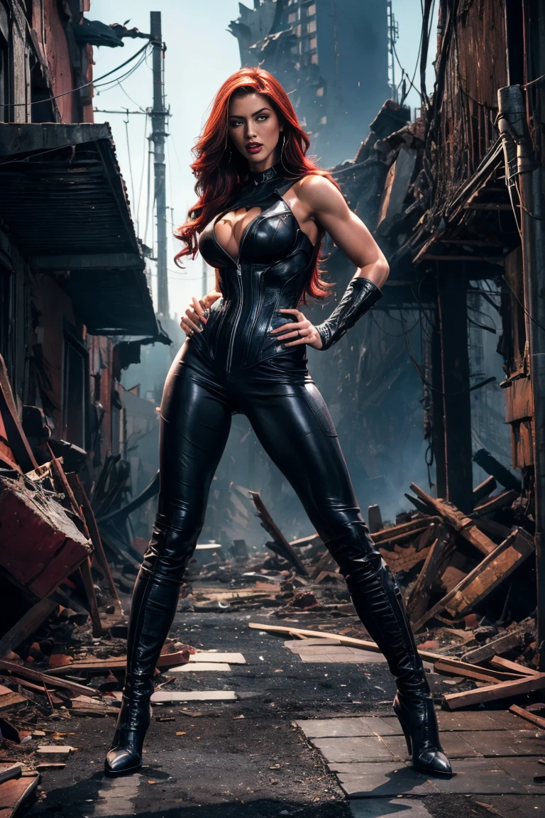 full body superheroine ************  Batgirl red long wavy hair green eyes red mouth tall muscular body big round breasts broad shoulders black metallic shiny tight leather pants, black metallic shiny short plunging sleeveless tops blue boots dress hero pose even a terrifying night in a ruined Gothan dark city, a semi-dark plume of light octane render photorealistic 