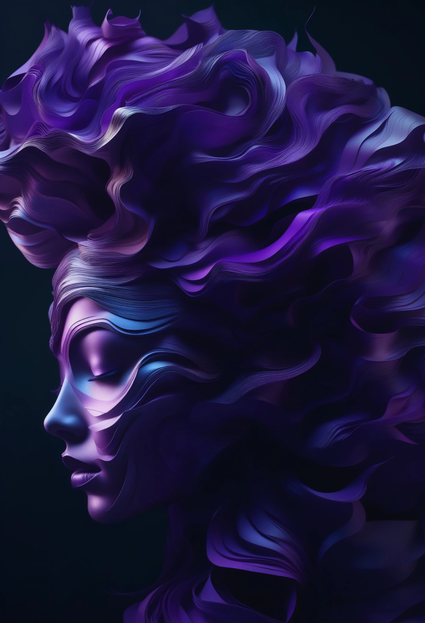 Surreal pictures, visually striking photo art, strange, slightly unsettling, hyper-detailed, 8k, A stunning digital illustration of a person with an elaborate, sculptural hairstyle composed of flowing, layered paper-like elements in shades of Purple and silver against a vibrant black background, in the style of Noe Digital Art.