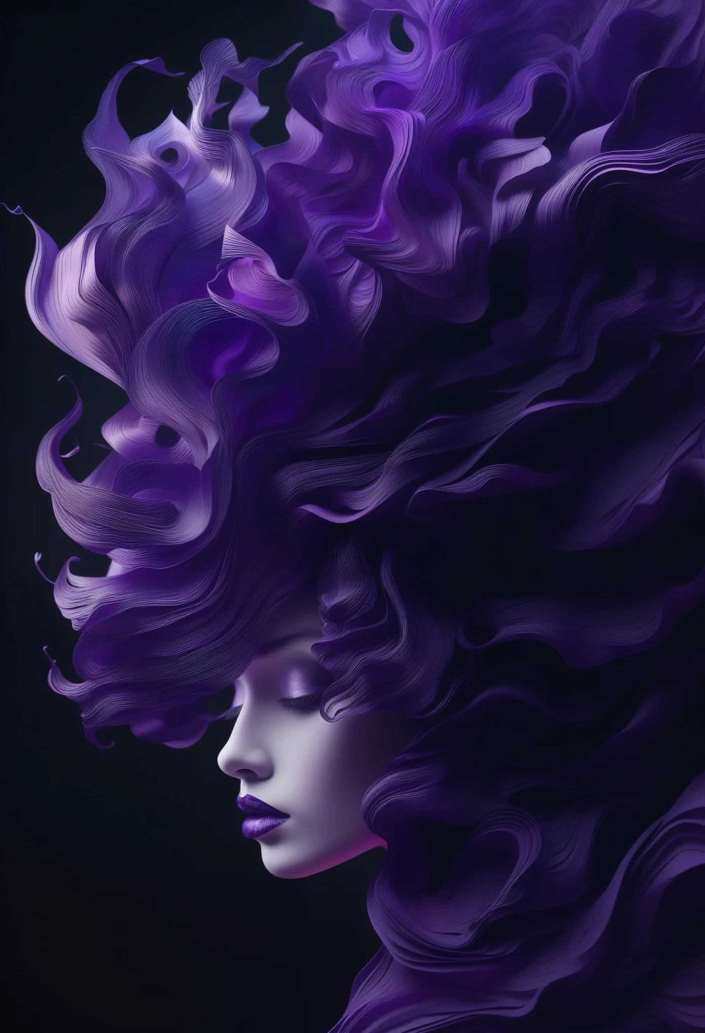 Surreal pictures, visually striking photo art, strange, slightly unsettling, hyper-detailed, 8k, A stunning digital illustration of a person with an elaborate, sculptural hairstyle composed of flowing, layered paper-like elements in shades of Purple and silver against a vibrant black background, in the style of Noe Digital Art.