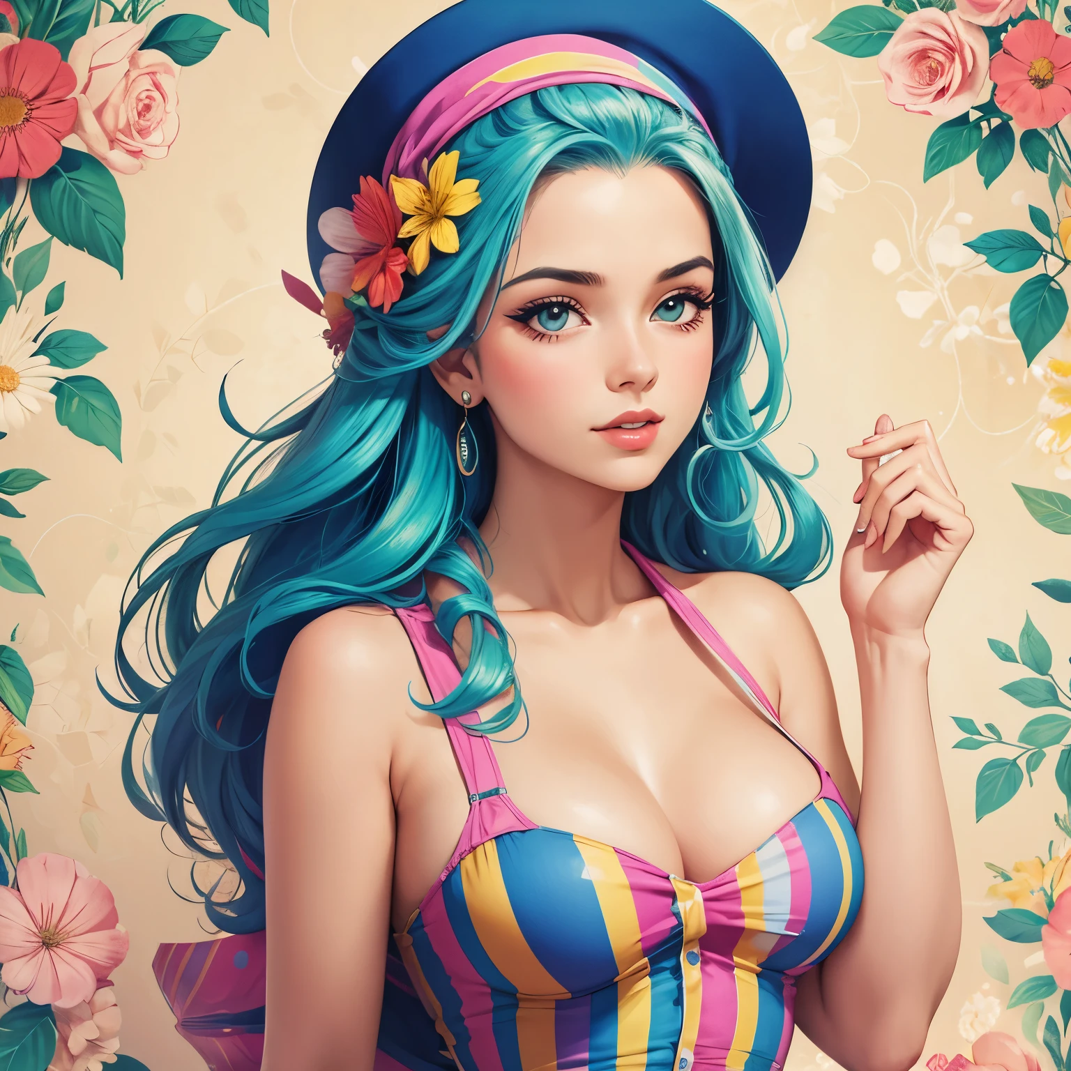 Realistic sketch of an arrogant girl in a colorful striped silky V-neck dress, long flowered hat, neon hair, with floral wallpaper background, vintage pinup