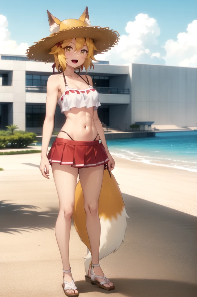 best quality, masterpiece, detailed,
KitsuneSenko,
1girl, :3, open mouth,
orange hair, yellow eyes, medium hair, fox ears, fox tail, 
SenkoSwimsuit, white camisole, midriff, red skirt, straw hat, hat flower, 
standing, head tilt, looking at viewer, 
outdoors, beach, water, palm, big breasts, underboob,slim body, thin, muscle body