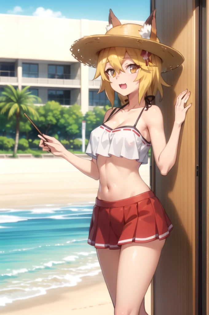 best quality, masterpiece, detailed,
KitsuneSenko,
1girl, :3, open mouth,
orange hair, yellow eyes, medium hair, fox ears, fox tail, 
SenkoSwimsuit, white camisole, midriff, red skirt, straw hat, hat flower, 
standing, head tilt, looking at viewer, 
outdoors, beach, water, palm, big breasts, underboob,slim body, thin, muscle body