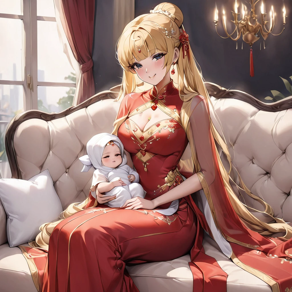 ((Highest quality)), ((masterpiece)), (detailed), (Perfect Face)、The woman is Vietnamese Tsukino Usagi, wearing a gorgeous and glittering ao dai, a traditional Vietnamese dress with gold embroidery, a gorgeous hair ornament, gorgeous jeweled accessories and an engagement ring. The man and woman are sitting on a luxurious, large sofa in a luxurious room, and the woman is being held in the arms of a dignified and sturdy middle-aged Vietnamese man dressed in Vietnamese national dress.、The woman is the elegant Tsukino Usagi, a Vietnamese girl with long blonde hair in a chignon twin tail and wearing an ao dai.、The man is a dignified and sturdy middle-aged Vietnamese man wearing Vietnamese national costume.、The woman is holding her baby daughter