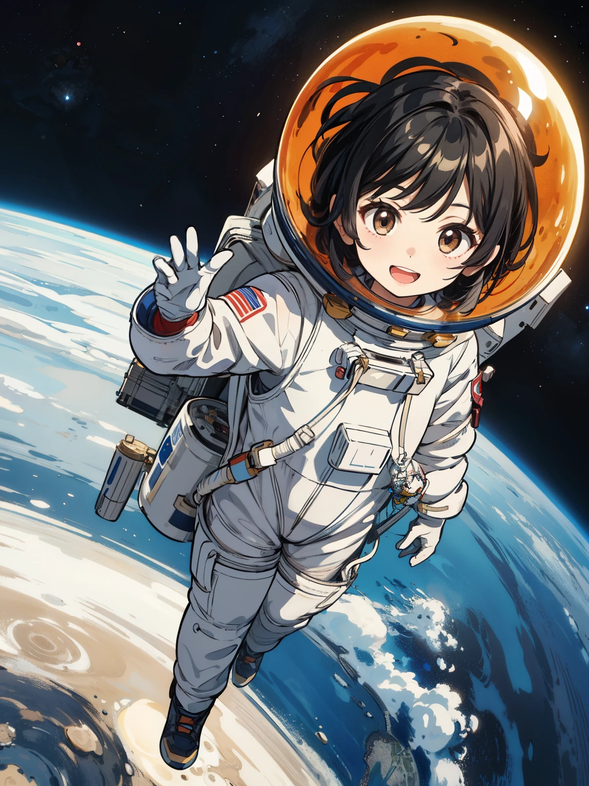 masterpiece, best quality, super detailed, cute chibi astronaut girl, wearing spacesuits and space helmet and gloves, walking on the vast moon, happy smile, open mouth, planets