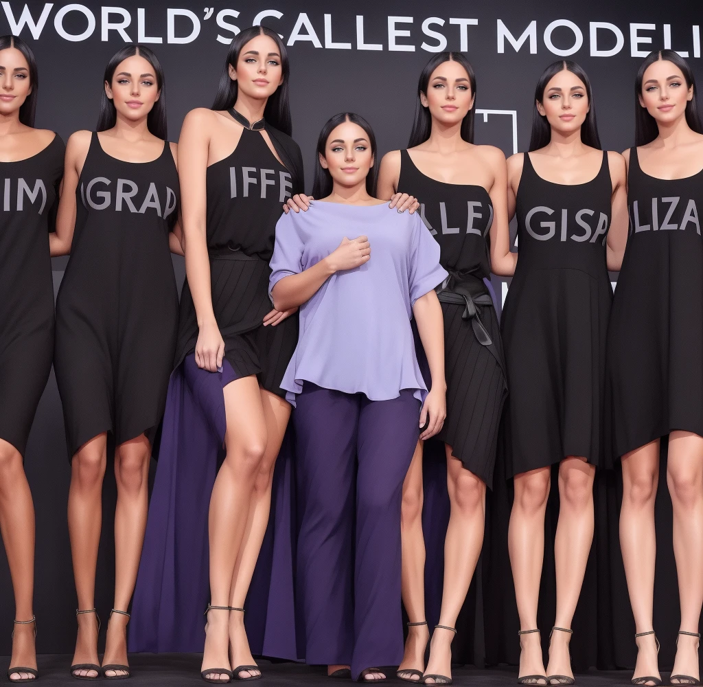 Three tall girls on the lfe left, three tall girls in the right, short man in the middle, the girls are much taller than the man, girls have big and cleavage, girls are wearing black, man is wearing blue shirt, girls are standing barefoot, man is wearing shoes,