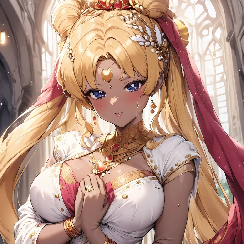 4K, UHD, masterpeice, 1 girl, good face, happy face, ((white skin)), detailed eyes, detailed lipstick, very long hair, straight hair, very long hair, beautiful hair, hair ornaments, hairband, gradient hair, ((golden stocking)), ((princess clothing)), ((decorated clothing)), ((sardine)), ((sparkle clothing)), ((golden lace)), ((diamond bracelet)), ((pendant)), ornaments, necklace, earring, high lighting, ((in the wedding stage)), fujicolor, depth of field, ray tracing, ultra realistic detailes, standing with the wall,