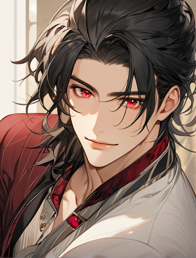 (Black_Hair), (red_ruby_eyes), (Handsome), (attractive), (male), (close_up_shot), (detailed_eyes), (detailed_hair), (clean_hair), (carefree_expression), (vertical_pupils), (peaceful_atmosphere), (majestic_jawline), (manly_face)