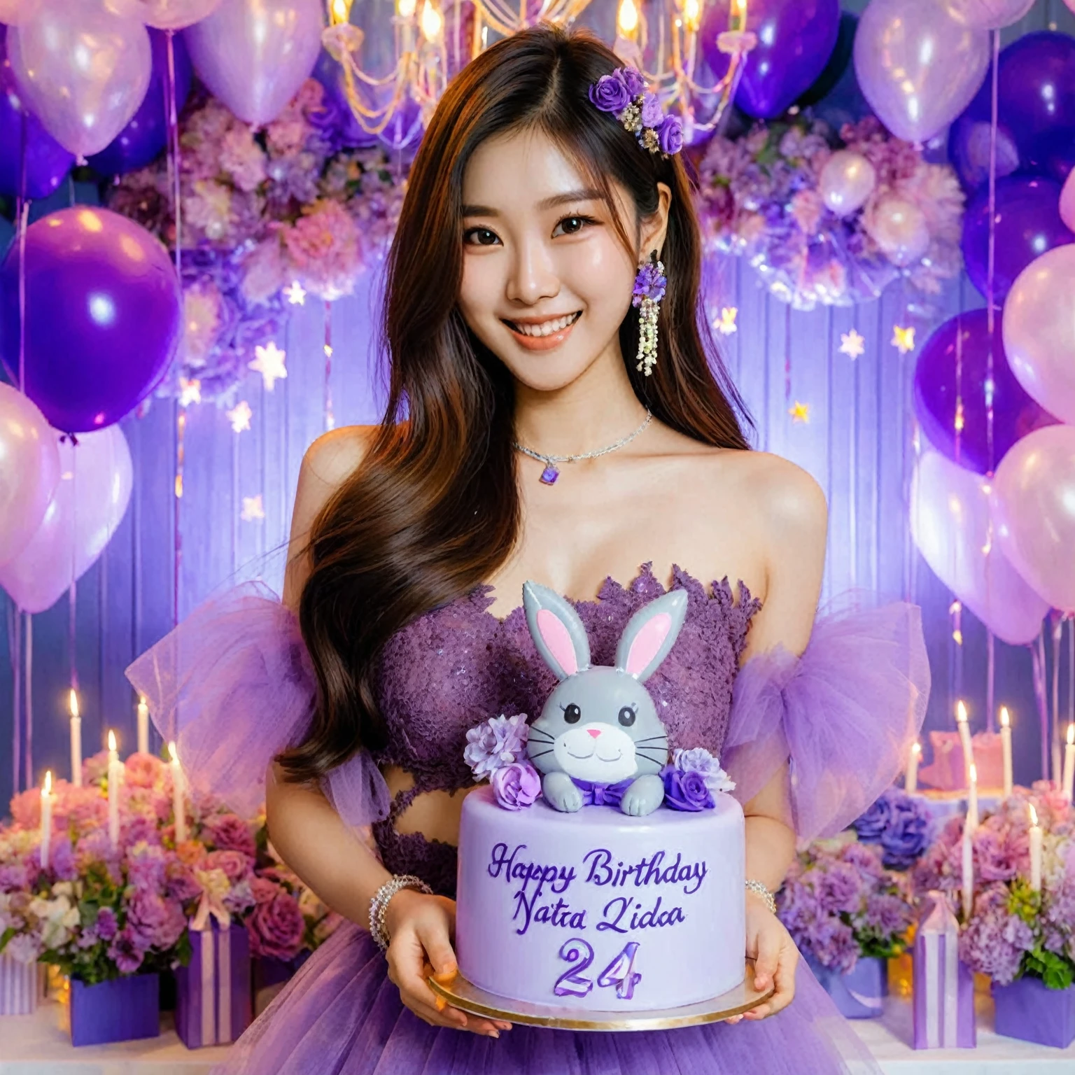 The birthday party of an Asian woman with long hair, she is wearing a glamorous purple birthday attire, sitting with purple balloons and decorations and signs, she is 24 years old, she is holding a purple birthday cake, you can see very clearly the writing on her birthday cake " Happy Birthday Nata Lidia", "24", she is happy, smiling, party balloons, party lights, birthday party decorations around the room, better detail and lighting, high quality photos.