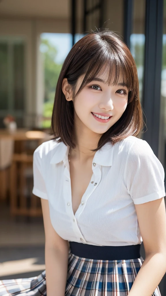Woman travelling with no money, wearing dirty and tattered clothes and carrying a backpack, rural town in western USA, rental house, senior year in college, ((full body)), ((photo)), ((best qualtiy, 8K, tmasterpiece:1.3)), Focus:1.2, perfect figure beautiful girl:1.4, 1girl, cowboy shot, look at viewer, incredibly absurd, beautiful and cute girl with a photorealistic face, showcasing top-quality craftsmanship, A Japanese woman walking around town as a backpacker, 20 years old, very short brown hair, short bangs, longer hair on the sides, soft hair with a beautiful flow, clear facial features, large light brown eyes, double eyelids, long eyelashes, small nose, plump pink lips, white teeth, impressive smile, gentle eyes, fair and smooth skin, tall, glamorous, slender, 163cm tall, large G-cup breasts, simple and casual style, fashion that emphasizes her chest, earrings, necklace, favorite camera, cheerful and energetic older sister, beautiful girl, pretty, leader, curious, proactive, positive, sticks to her beliefs, sociable, honest, good at encouraging others, polite, walks with a spring in her step, September