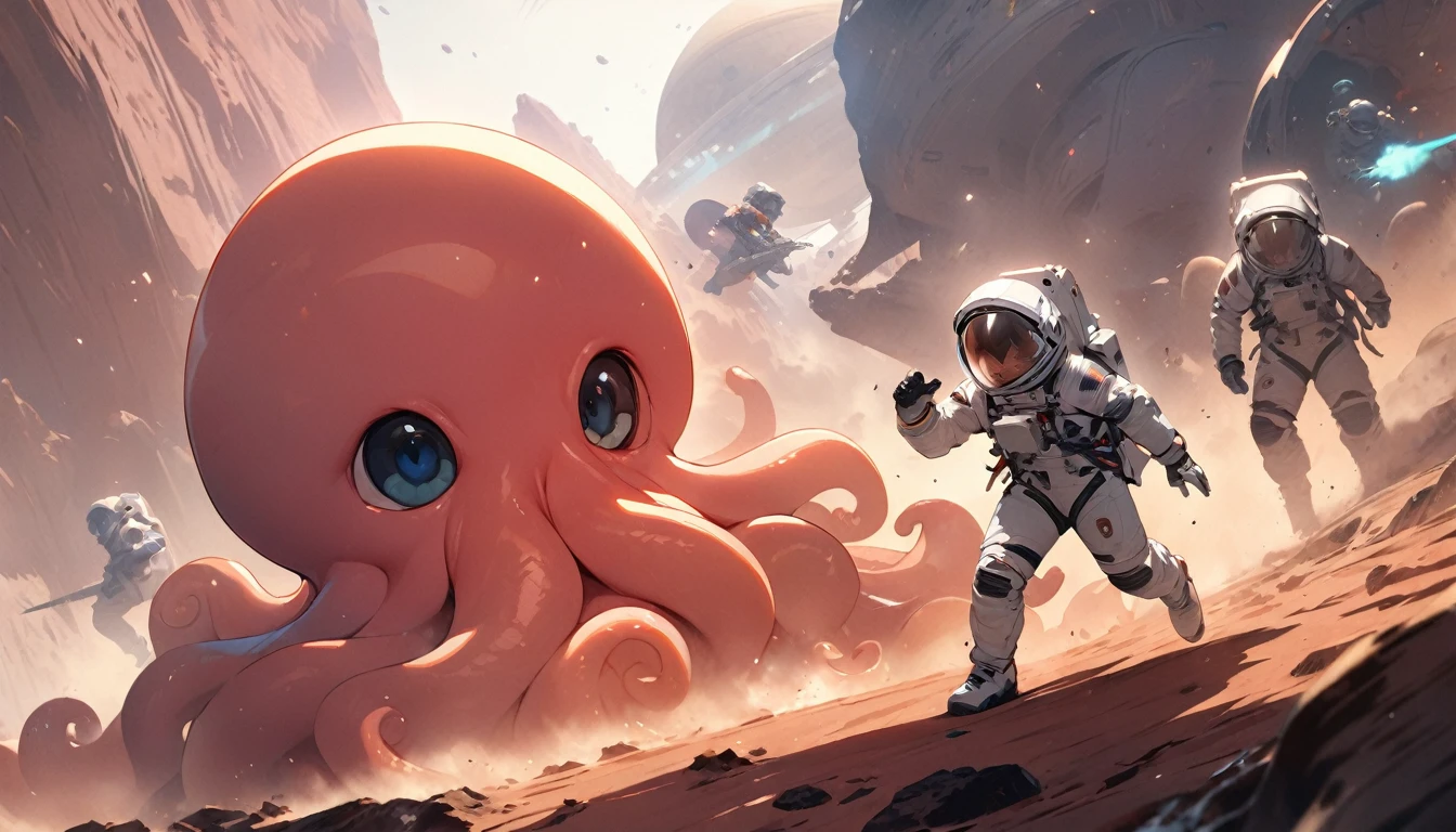 ((Top Quality)),((Masterpiece)), An astronaut and the Aliens shaped like octopus, battle, on the Mars