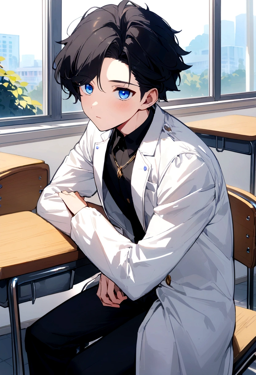 25 year old male, short blue hair, dark blue eyes, doctor's outfit, stethoscope, leap, cool