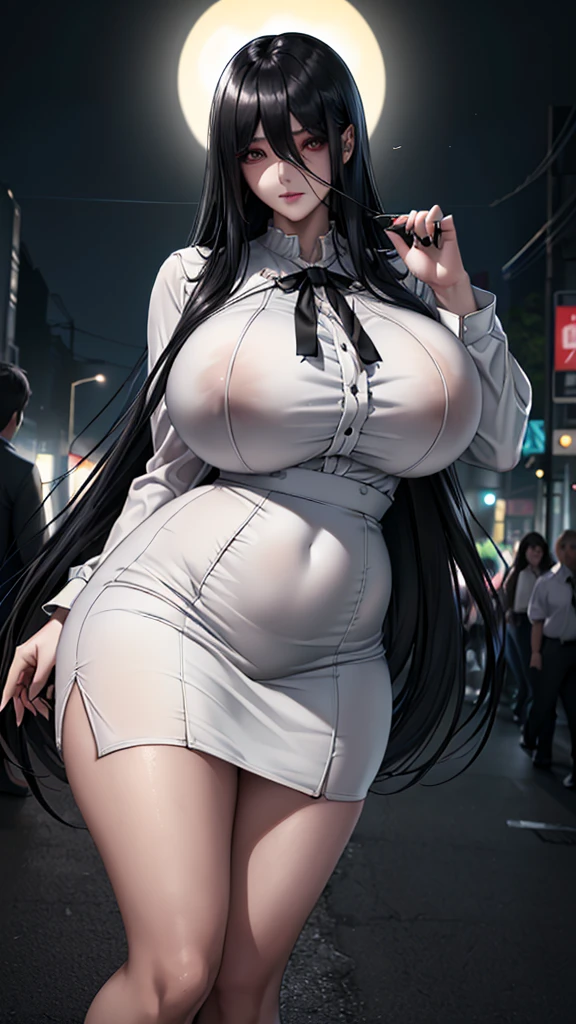 (in 16K、A high resolution、Best Quality、 masuter piece、unreal engine、amine、top-quality、From the thighs up:1.2),(Natural Skin Texture、Detailed skin、Beautiful skin、ultra sharpness),intricate detailes、Extraordinary beauty,(((gigantic breasts,voluptuous body、1 cute woman,20 to 25 years old,adult lady,sadako from the ring,Black nails,))),(an extremely cute and beautiful face:1.2),(((,big eyes,sharp eyes,eye bags,eyelash extension,pale skin,black hair,very long straight hair,jirai fashion,))),(独奏,hair over oen eye,empty eyes,Expressionless,darkness,Dark atmosphere:1.6)(black bolo tie,white dress shirt,Black high-waisted skirt:1.3),(Late Night,bustling street,crowd,dim:1.5),