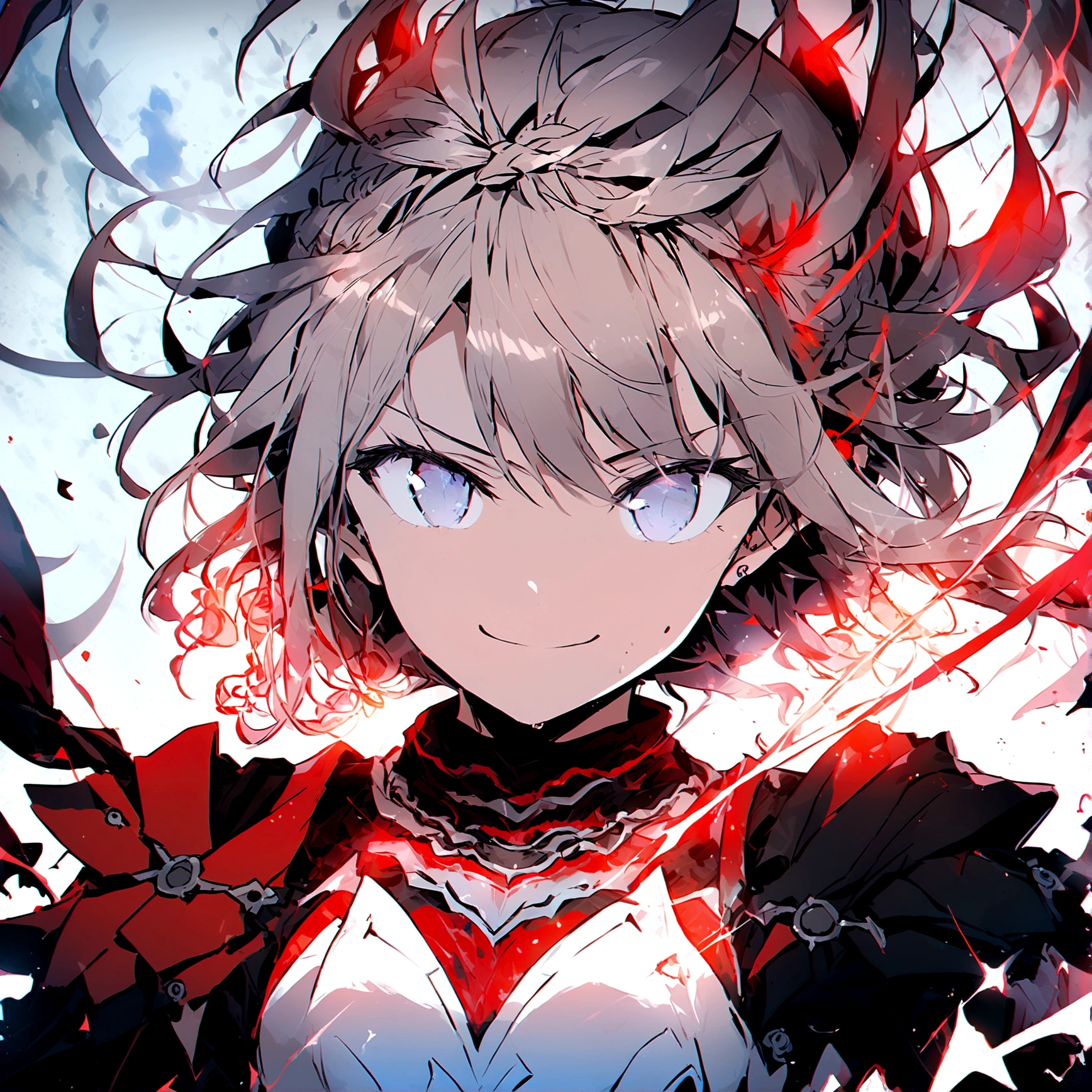 1girl, solo, arcueid brunestud, red eyes, blonde hair, solo, breasts, evil smile, arcueid, blood,