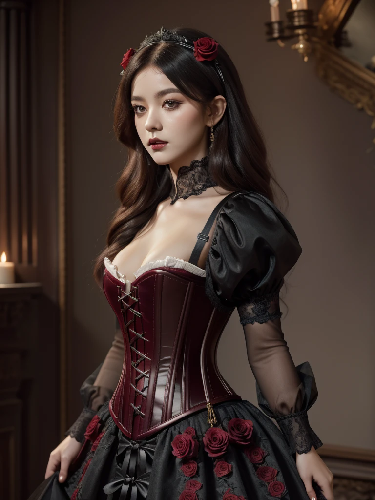 Gothic style 8k, masterpiece, highly detailed, 1girl, (red underbust corset), full body, long dress, roses, (lace blouse), rose hair ornament, Dark, mysterious, haunting, dramatic, ornate, detailed