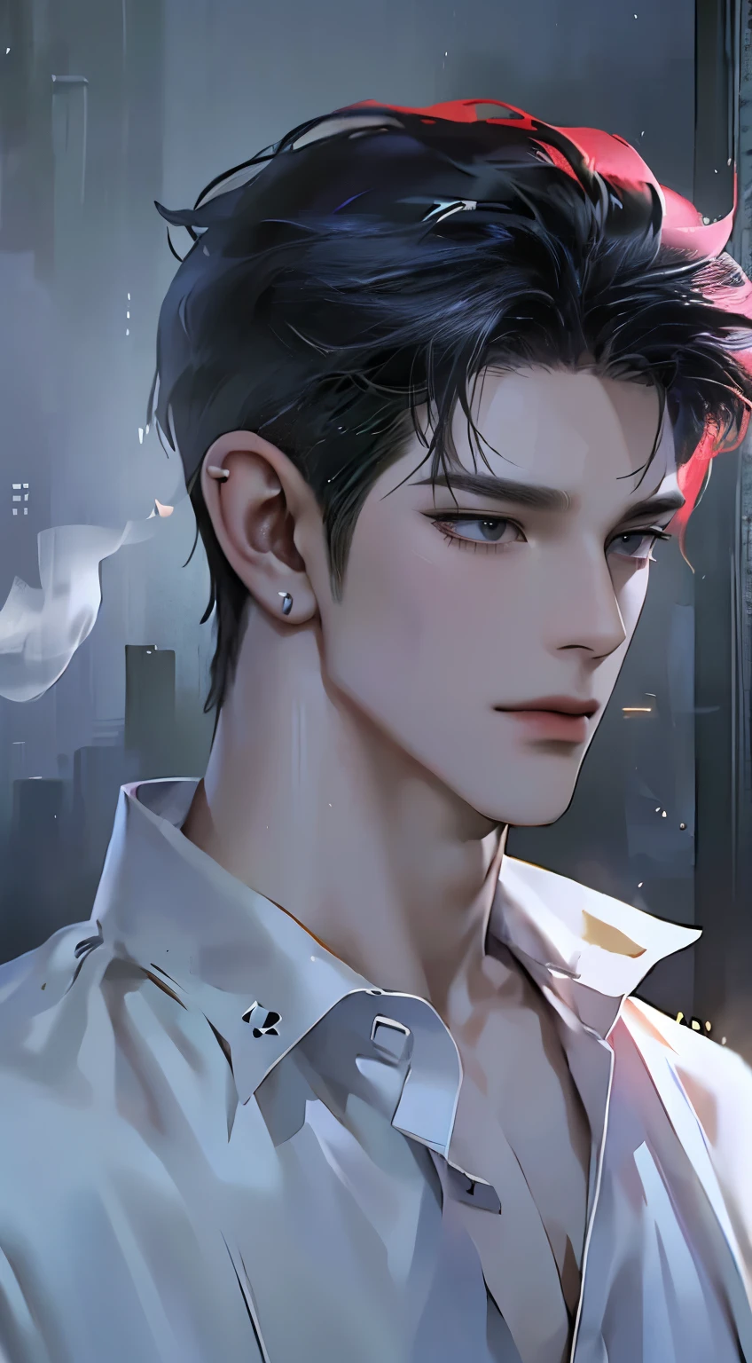 1 handsome asian boy, spiky dyed hair, pierced ears, smoking cigarette, smirking expression, headphones, standing on street, (best quality,4k,8k,highres,masterpiece:1.2),ultra-detailed,(realistic,photorealistic,photo-realistic:1.37),cinematic lighting,moody atmosphere,vibrant colors,street graffiti background