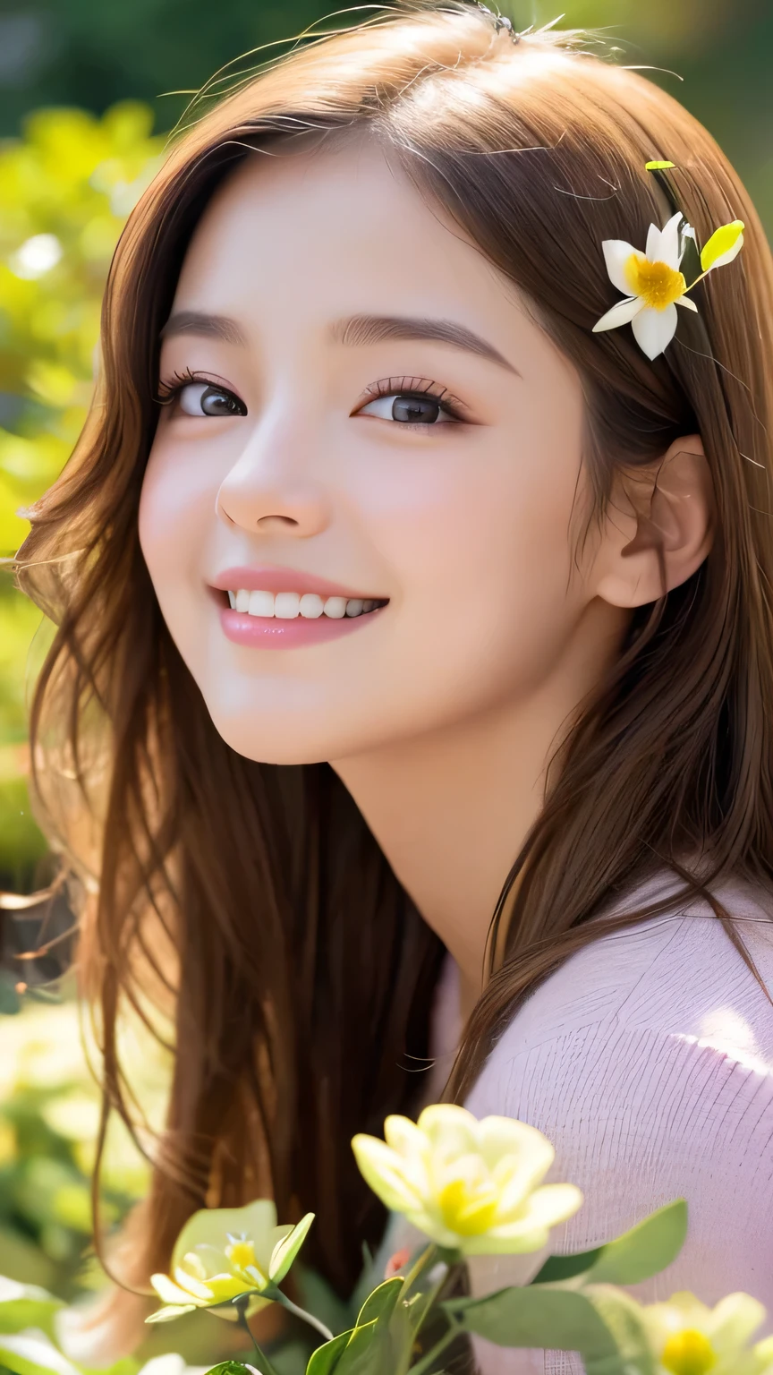 8K,Professional Lighting ,Aerial perspective ,超A high resolution ,(photographrealistic: 1.1) ,Detailed face ,Cute Girl ,plain white bra, cleavage of the breast ,(tits out:1.1) ,florals ,sunny sky ,sunlight, vivid flowers ,A slight smil ,hibiscus ,