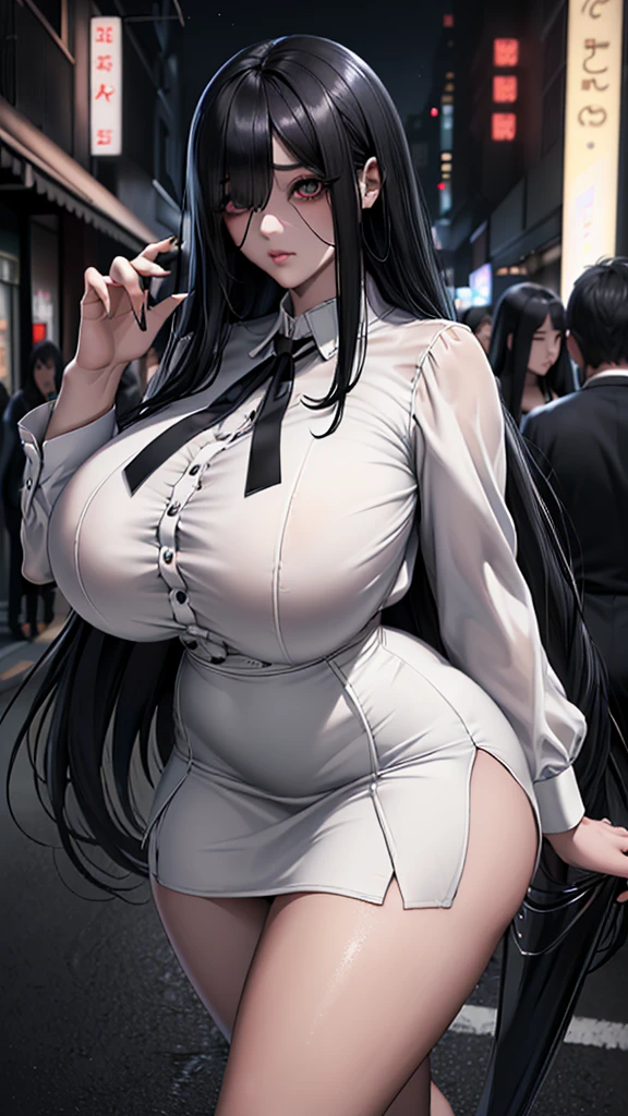 (in 16K、A high resolution、Best Quality、 masuter piece、unreal engine、amine、top-quality、From the thighs up:1.2),(Natural Skin Texture、Detailed skin、Beautiful skin、ultra sharpness),intricate detailes、Extraordinary beauty,(((gigantic breasts,voluptuous body、1 cute woman,20 to 25 years old,adult lady,sadako from the ring,Black nails,))),(an extremely cute and beautiful face:1.2),(((,big eyes,sharp eyes,eye bags,eyelash extension,pale skin,black hair,very long straight hair,jirai fashion,))),(独奏,hair over oen eye,empty eyes,Expressionless,darkness,Dark atmosphere:1.6)(black bolo tie,white dress shirt,black high waist mini skirt:1.3),(Late Night,bustling street,crowd,dim:1.5),