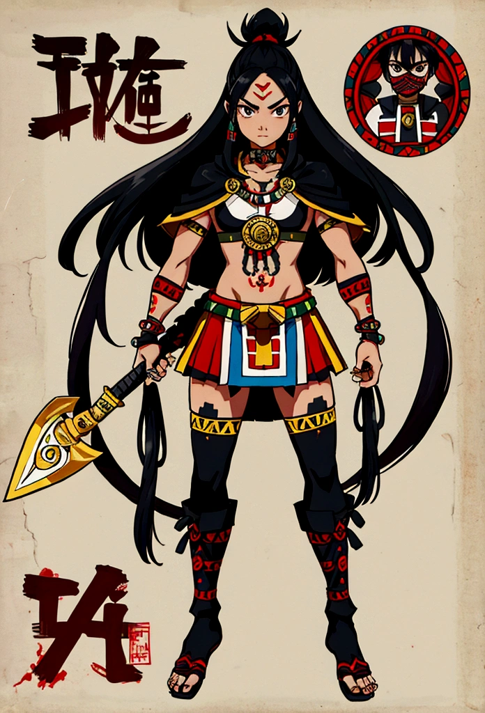 higrres 1 boy, joung boy, 15 years old, all lefth arm aztec tatto, bare soulders, full body, nails, black eyes, black hair, aztec weapon, long hair, looking at viewe, male focus, tattoo, aztec shield, aztec, tribal warrior, tribal armor, dark-skinned, mask, helmet, standing, war cry, exprexion, jaguar fur, hig resolution kunoichi tsubaki style, white background simple background, 
