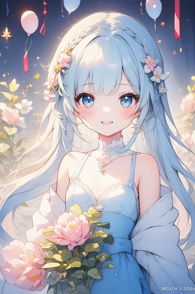 masterpiece, best quality, extremely detailed, (illustration, official art:1.1),adorable face、 1 girl ,(((( light blue long hair)))),pale blue hair,, long hair、 ((blush)) , cute face, big eyes, masterpiece, best quality,(((((a very delicate and beautiful girl))))),Amazing,beautiful detailed eyes,blunt bangs((((little delicate girl)))),tareme(true beautiful:1.2), sense of depth,dynamic angle,toddler,, affectionate smile, (true beautiful:1.2),,(tiny 1girl model:1.2),)flat chest、(top-quality、8K、32K、​masterpiece、nffsw:1.2)、Photo of a silver-haired blue-eyed woman with a cute smile、birthday party、Present Box、Lots of balloons、hair adornments、pink there、赤ずきん：1.3， ((Single braid：2))、、Gothic & Lolita、rococo fashion、Victorian costume、Background is Europe、(PastelColors:1.3)、(Cute illustration:1.3)、(watercolor paiting:1.1)、1girl in：1.3、Senior fairy laughing in bouquet of flowers、Fairy feathers：1.3
