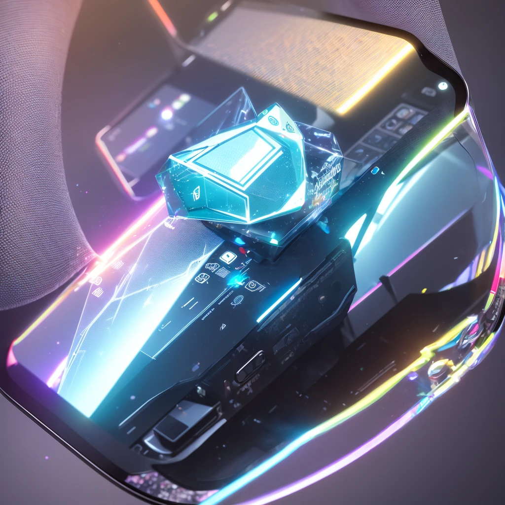 Floating smartphone, Transparent screen, Holographic Monitor, small device, crystal rainbow, A masked medieval knight appears on the screen.. espionage device