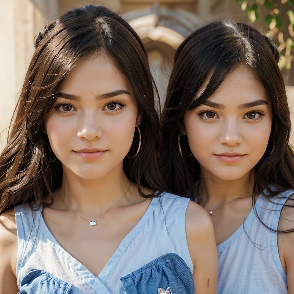 Pixar-inspired 3D poster of two little girls, ages 8 and 4, hugging and smiling,both with light brown skin straight hair dark eyes in a fun and colorful setting ready to record videos for social media