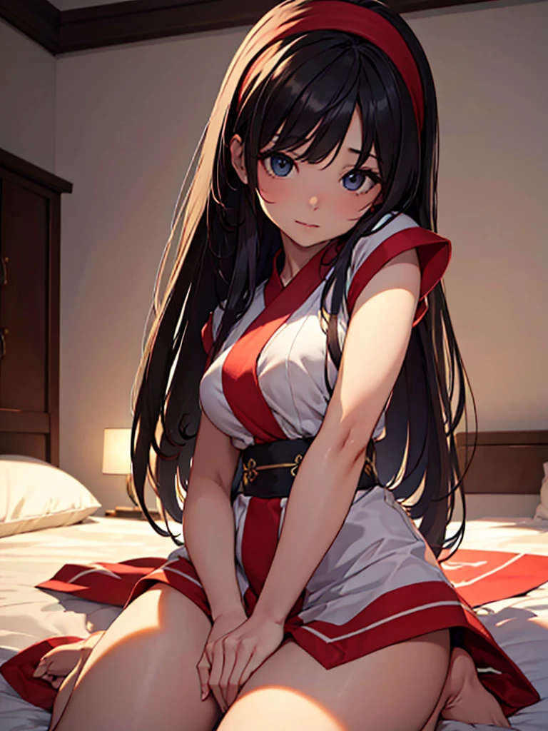 (Masterpiece, best quality, high res、highly detailed cg: 1), 'Are you sure your first time having sex is with your aunt?' Create a picture of a married woman taking off her clothes, shyly but not fully satisfied to be seen as a woman. Her expression is a mixture of embarrassment and slight pleasure, and her body movements show a little awkwardness and a little pride, ((red ribbon, hair band)), 35 years old, nsfw, Big tits, Rutting eyes