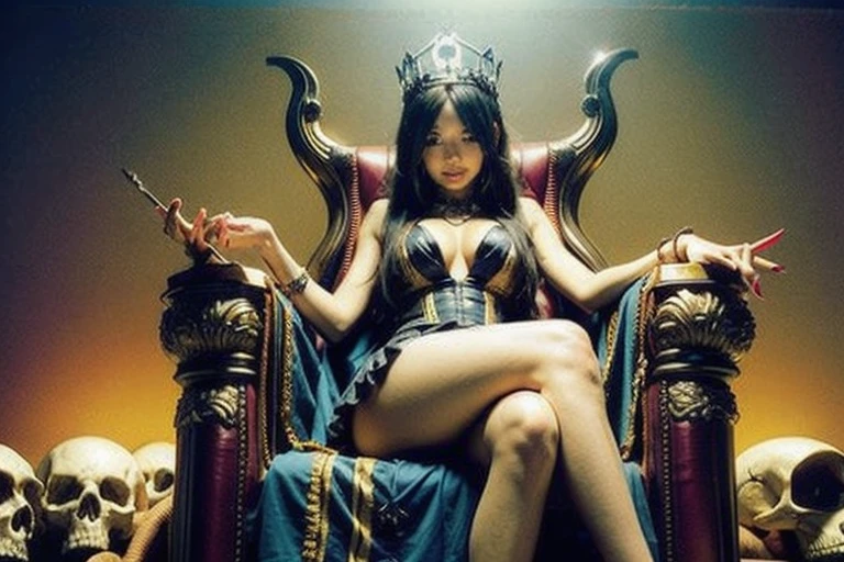 A painting of a woman sitting on a throne surrounded by demons, everyone, Queen of Hell, Wearing a crown of skulls, Gweitz, scary queen of death, Gweitz masterpiece, Decorated with demon skulls, White horned queen demon, Goddess of Death, by ヤン・J, Detailed anime artwork, Anime fantasy artwork, Devil Girl, Anime fantasy illustration
