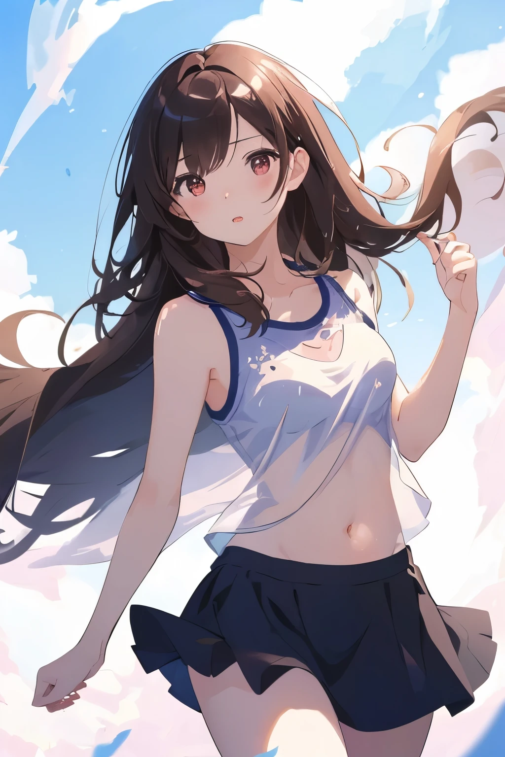 masterpiece,best qualitiy,high detail,1girl,blush, tanktop,denim shortpants, <lora:Microshirt_and_Wind_Lift_v1:0.7>wardrobe malfunction,shirt wind lift,undersized shirt,underboob,longhair,strong wind,sunshine,outdoor,open mouth