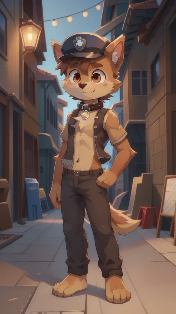 Chase, dog, furry boy, brown eyes, brown hair, spiky hair, two tone body fur, brown body fur, clear brown body fur, grat hair, detailed body fur, detailed body, detailed face, detailed eyes, glistering body, shiny body, skinny, (best quality), cinematic lighting, looking at viewer, anime style, full body, feets with three toes, 1boy, :3, tiny body, short body, {chase paw patrol}, male, ((solo)), standing, standing, street, front view, ((Chase police vest, close clothes, Chase police hat, Chase collar)), nude,