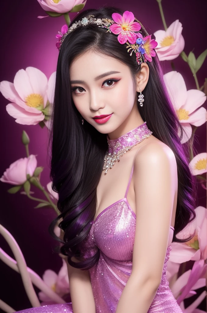 sexy Thai model who controls poison、beautiful smile、lipgloss、bold lipstick、intense makeup、look at the camera、full body Esbian、、sparkling poisoned flower costume、、、、sparkling Colorful hair、secrete poison、skull hair accessories、sexy tights、shiny sparkling flowers background