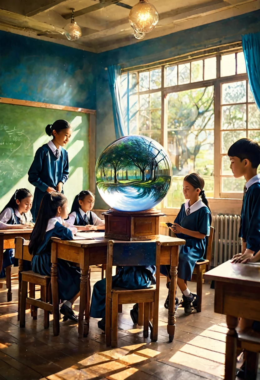 Inside the school classroom, Students who make dreams come true with images, school, creating reality from imagination, teaching by a master with deep wisdom, large crystal ball