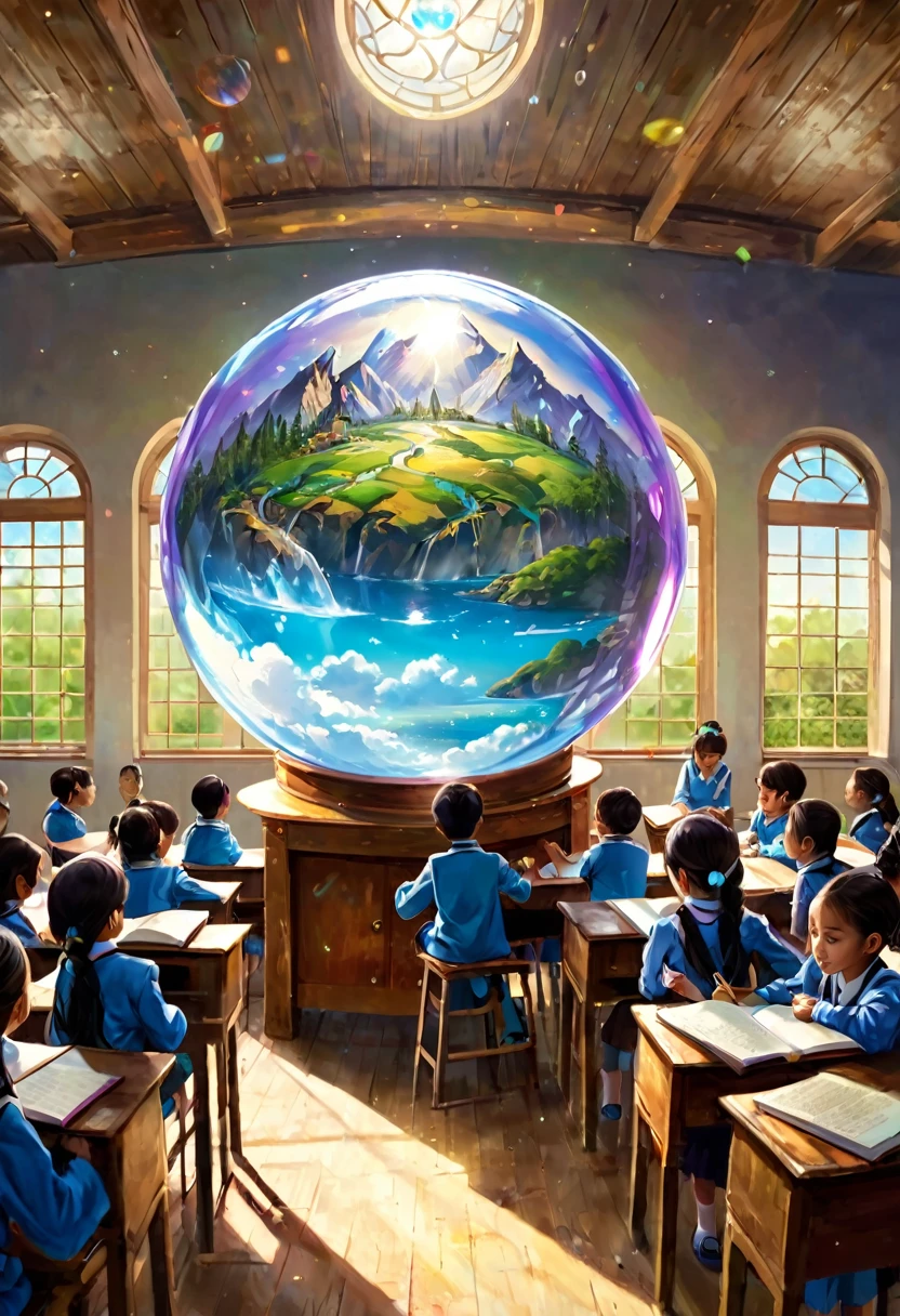 Inside the school classroom, Students who make dreams come true with images, school, creating reality from imagination, teaching by a master with deep wisdom, large crystal ball