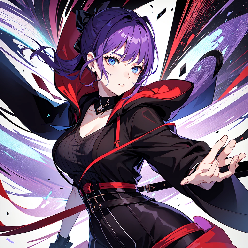 Ready your sword, Mature face,tall, Wearing black tights,Blue Eyes. Updo, Wearing a hoodie, He wore black trousers, whole body黒の服, The skin is hidden　and (Ink blotches:1.1), (pale:1.2),(purple:1.2),(Red/Black:1.2), I was wearing long pants,cool,Dressed in a black robe, Toned body, Wine red hair, one big woman, Nervous,Cowboy Shot, sketch (Character design sheet, same characters, whole body, Three-View, front, ~ ~ ~ side, return),(Very bright:1.1), White Background, [1 Girl:7], (Tilt your head:1.2), ([sketch|watercolor \(Moderate\)]:1.15),Chaotic Abstract Background, Vector Trace, Gradient Blending, Bright colors, that&#39;wonderful, Very detailed, Complex, (Very low contrast:1.4)