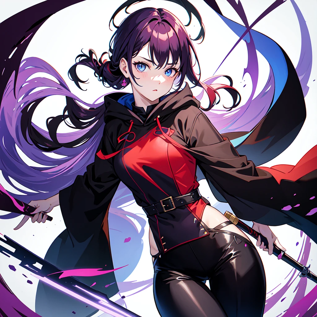 Ready your sword, Mature face,tall, Wearing black tights,Blue Eyes. Updo, Wearing a hoodie, He wore black trousers, whole body黒の服, The skin is hidden　and (Ink blotches:1.1), (pale:1.2),(purple:1.2),(Red/Black:1.2), I was wearing long pants,cool,Dressed in a black robe, Toned body, Wine red hair, one big woman, Nervous,Cowboy Shot, sketch (Character design sheet, same characters, whole body, Three-View, front, ~ ~ ~ side, return),(Very bright:1.1), White Background, [1 Girl:7], (Tilt your head:1.2), ([sketch|watercolor \(Moderate\)]:1.15),Chaotic Abstract Background, Vector Trace, Gradient Blending, Bright colors, that&#39;wonderful, Very detailed, Complex, (Very low contrast:1.4)