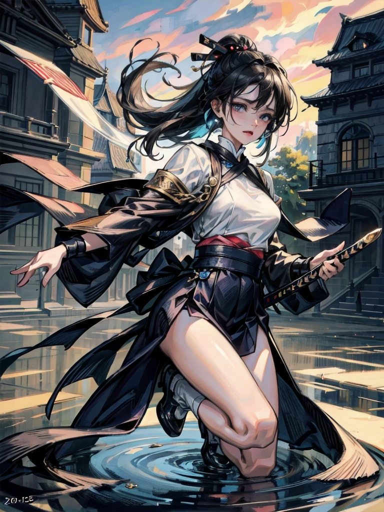 absurdres, RAW photo, extremely delicate and beautiful, masterpiece, Best Quality, ultra high resolution, 32k, hyperrealistic, ultra-detailed, in her 20s, delicate facial features, tearful mole, earring, medium breasts, full body shot, shorter middle hair, black hair, samurai, sword with blue flames,