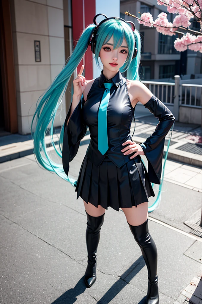 cinematic photo (best quality:1.4),(masterpiece:1.4),(photorealistic:1.4),(ultra high res, raw photo:1.4),(hdr, hyperdetailed:1.2),hatsune miku,pointing up,large pectorals,spread fingers,highres,light and shadow snowing,hand on another's face,cherry blossoms,hand on hip,pectoral lift,blush visible through hair,princess,aqua eyes,(aqua hair:1.3),crossed bangs,hair between eyes,hair ornament,headphones,long hair,twintails,aqua necktie,black footwear,black skirt,black sleeves,boots,collared shirt,detached sleeves,grey shirt,necktie,pleated skirt,shirt,skirt,sleeveless,sleeveless shirt,thigh boots,tie clip,